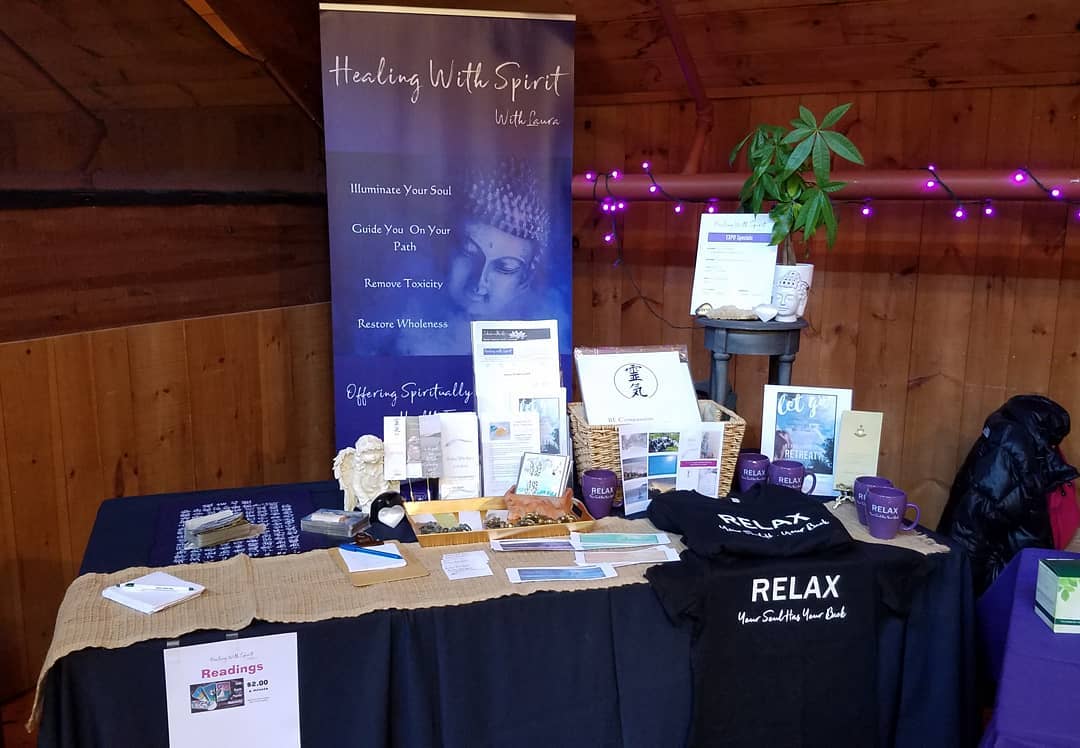 All set up a ready to go.  I’m debuting my NEW original design mugs and t-shirts at the Spring Health and Wellness Fair at the Purple Cat Winery in Rhode Island 11am-5pm. .
.
I will also have available for sale: .
. •  original 11 x 17 spiritually based and prints from Nepal
•  original greeting cards

Plus, offering readings throughout the day. .
.
Stop by our booth at the fair.  These items will not be available at the FREE mediumship demonstration itself at 4:15pm